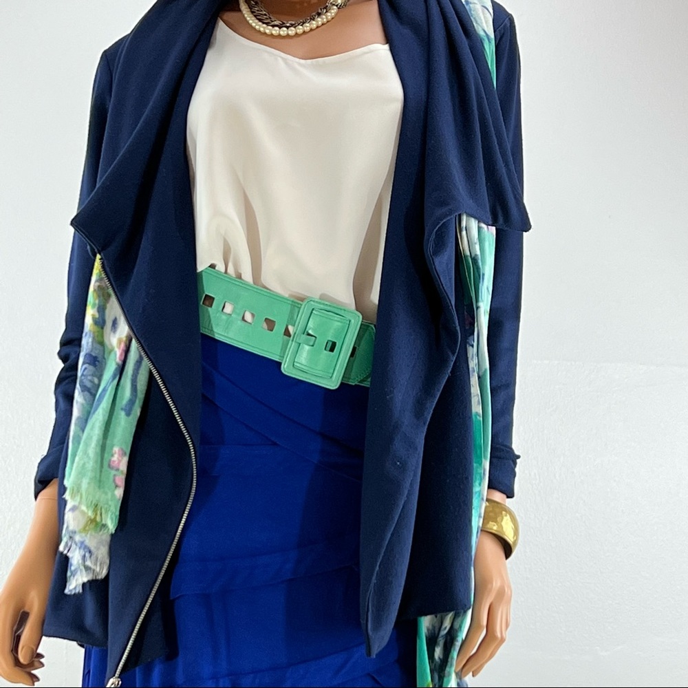 Navy blue Jacket, crosses in front to zipper up. Large